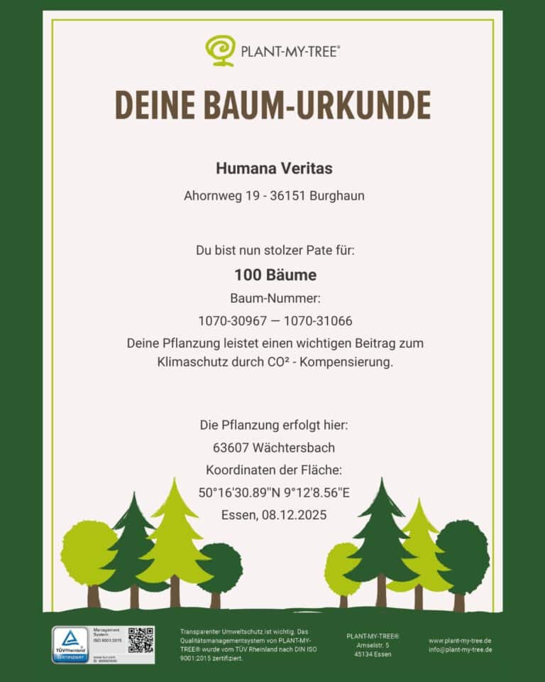 Urkunde für 100 gepflanzte Bäume